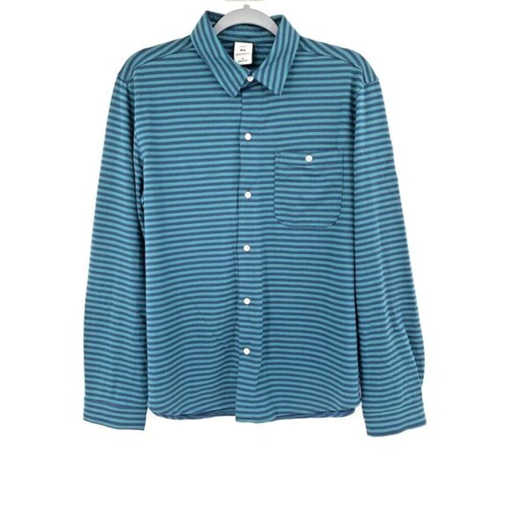 Free Assembly Navy & Green Horizontal Stripes Mens Long Sleeve Shirt Size Medium - Picture 2 of 9